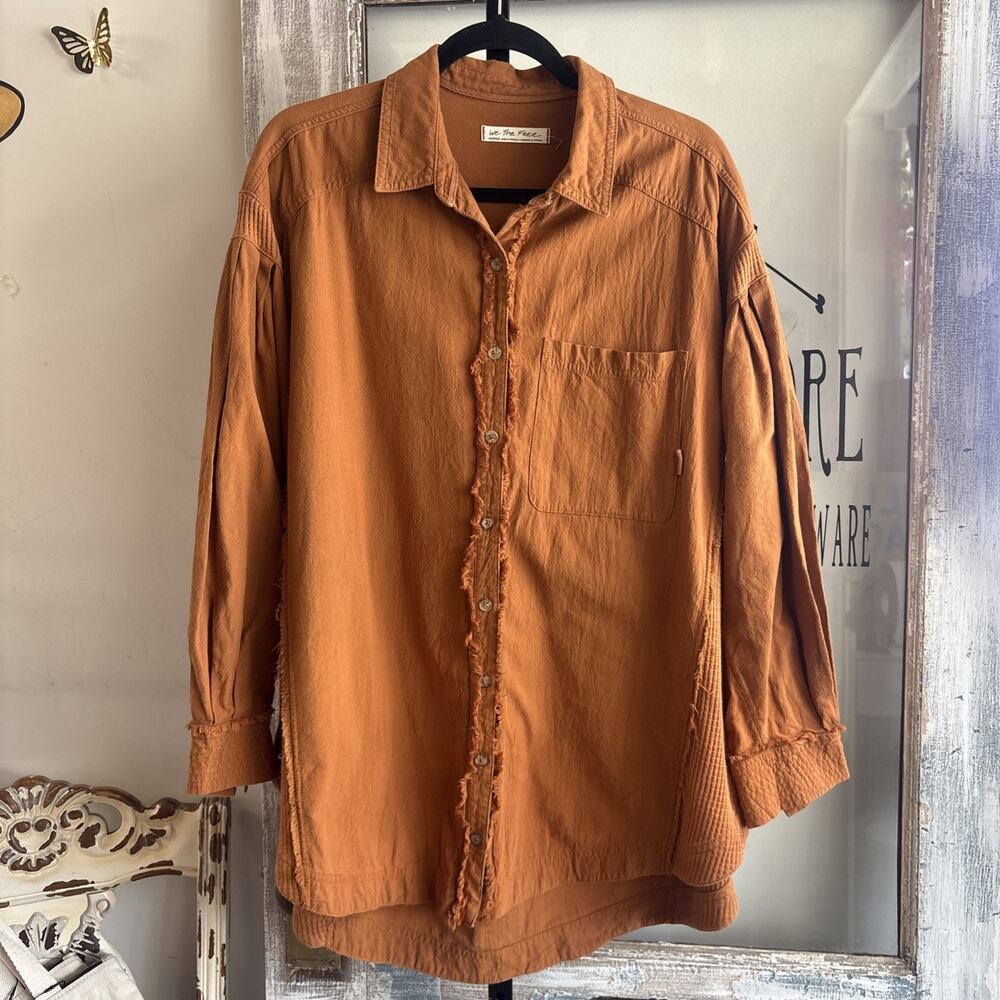 We The Free Button Down Cool & Clean Multi Media Shirt Orange Sz Med 100% Cotton